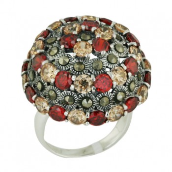 Marcasite Ring 26.5X26.5mm Garnet +Champagne Cubic Zirconia Cubic Zirconia 3 Layer Round Dome