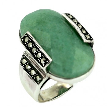 Marcasite Ring 27X16mm Green Jade Oval Chess Cut with Marcasite Sid