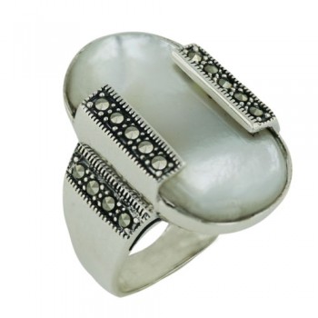 Marcasite Ring 27X16mm White Mother of Pearl Oval Cabochon with Marcasite Sides