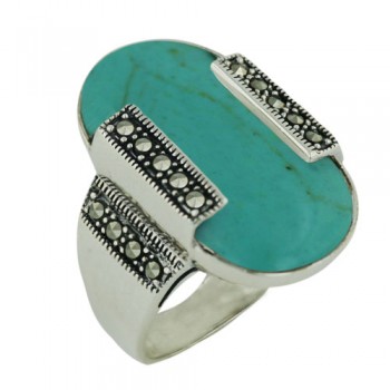 Marcasite Ring 27X16mm Faux Turquoise Oval Cabochon with Marcasite Sides