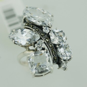 Marcasite Ring Clear Cubic Zirconia Round+Cushion+Marquis+Oval+Square