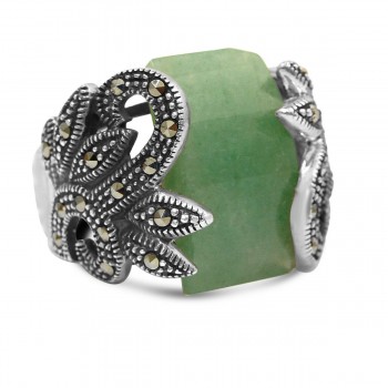 Marcasite Ring Green Jade Rectangular with Marcasite Flower Sides+Oxidized