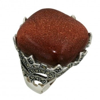 Marcasite Ring 24X24mm Gold Sand Cabochon Cushion with Oxidi
