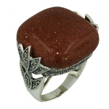 Marcasite Ring 24X24mm Gold Sand Cabochon Cushion with Marcasite Fl