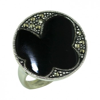 Marcasite Ring 24mm Onyx Butterfly Round with Oxidized Rope