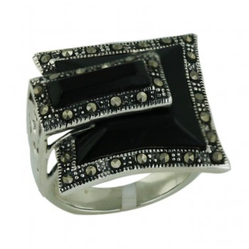 Marcasite Ring 20X19mm Onyx Square Squeezed with Rectangular One-S