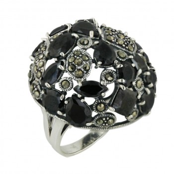 Marcasite Ring 30X30mm Round Dome Black Cubic Zirconia Tear Drop+Marquis+Ro