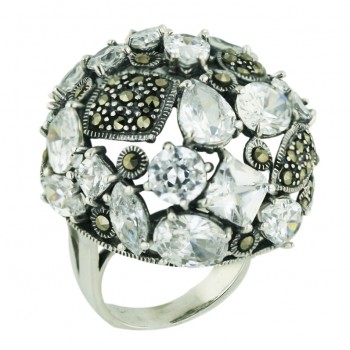 Marcasite Ring 30X30mm Round Dome Clear Cubic Zirconia Tear Drop+Marquis+Ro
