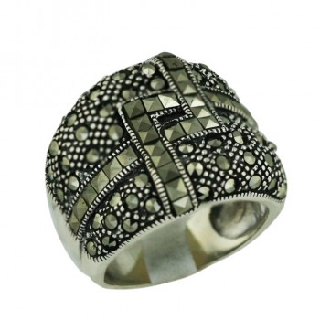 Marcasite Ring Concave Square Cut with Oxidized Rope