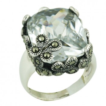 Marcasite Ring 15X18mm Clear Cubic Zirconia Cushion Chess Cut with Oxidized