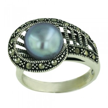 Marcasite Ring 10mm Gray Fresh Water Pearl with Oxidized Rope Around