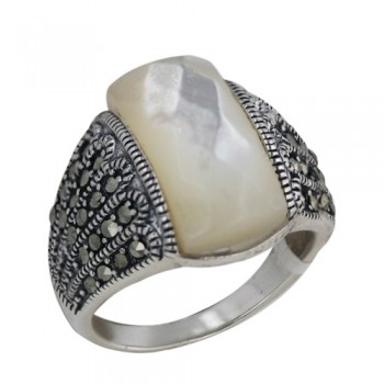 Marcasite Ring 17X9mm Chess Cut White Mother of Pearl with Oxidized Rop