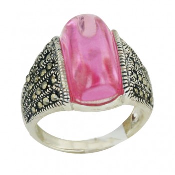Marcasite Ring 17X9mm Pink Cubic Zirconia Slope Cabochon with Oxidized Rop