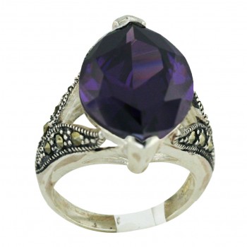 Marcasite Ring 23X14mm Amethyst Cubic Zirconia Marquis with Pave Marcasite Leaf Sides