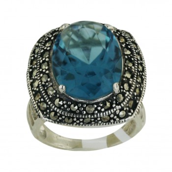 Marcasite Ring 18X13mm Blue Topaz Oval with 2 Layer Pave Marcasite