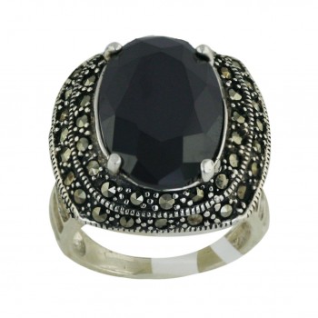 Marcasite Ring 18X13mm Pink Cubic Zirconia Oval with 2 Layer Pave Marcasite Aroun