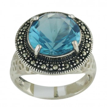 Marcasite Ring 13mm Blue Topaz Glass Round with 4 Prongs Oxi