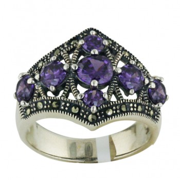 Marcasite Ring 7 Amethyst Cubic Zirconia Round Pcs with Oxidized Rope Around