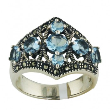 Marcasite Ring 7 Pcs Blue Topaz Glass Round with Oxidized Ro