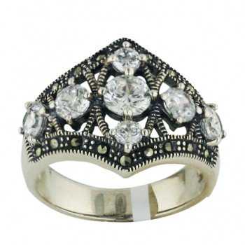 Marcasite Ring 7 Clear Cubic Zirconia Round Pcs with Oxidized Rope Around