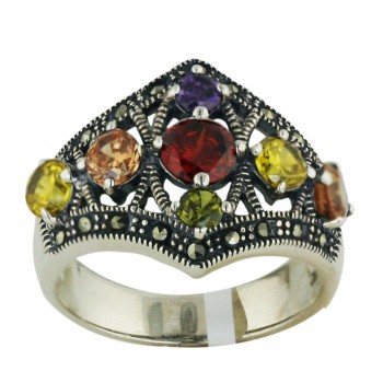 Marcasite Ring 7 Pcs Champagne+Cn+Olivine+Amethyst+Garnet Cubic Zirconia Round with Oxidized R