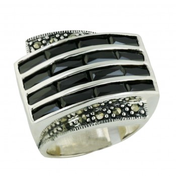 Marcasite Ring 4 Black Cubic Zirconia Rows Rectangular with Oxidized Rope Sides