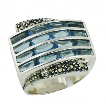 Marcasite Ring 4 Blue Topaz Rows Rectangular with Oxidized Rope Si