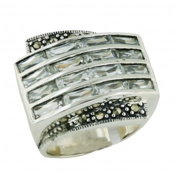 Marcasite Ring 4 Clear Cubic Zirconia Rows Rectangular with Oxidized Rope Sides