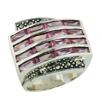 Marcasite Ring 4 Pink Cubic Zirconia Rows Rectangular with Oxidized Rope Sides