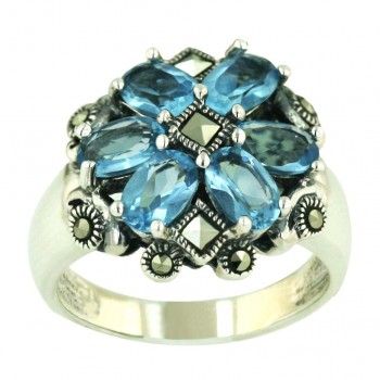 Marcasite Ring 6 Blue Topaz Glass Flower Petals with Rhombus C