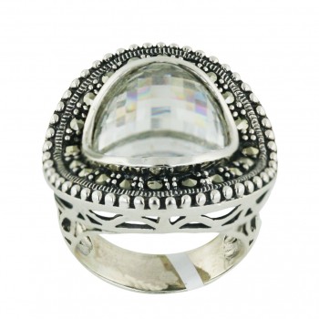 Marcasite Ring Barrel Cut Round Clear Cubic Zirconia+Slope