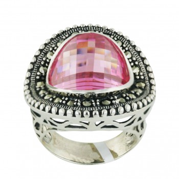 Marcasite Ring Barrel Cut Round Pink Cubic Zirconia+Slope