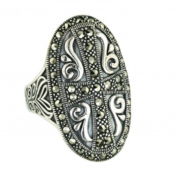 Marcasite Ring 35X22mm Pave Marcasite Oval with Religious Cross+Pla