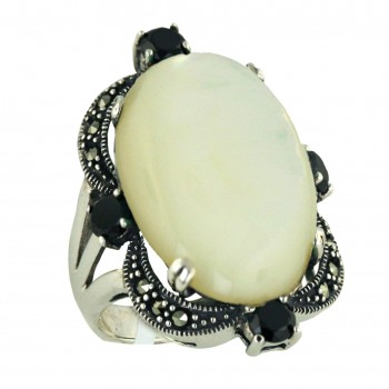Marcasite Ring White Mother of Pearl Oval with Black Cubic Zirconia