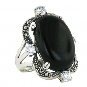 Marcasite Ring Onyx Oval with Clear Cubic Zirconia
