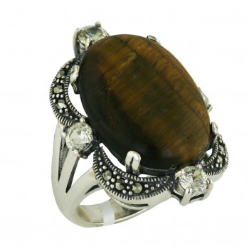 Marcasite Ring Tiger Eye Oval with Cn Cubic Zirconia