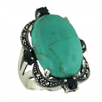 Marcasite Ring Faux Turquoise Oval with Black Cubic Zirconia