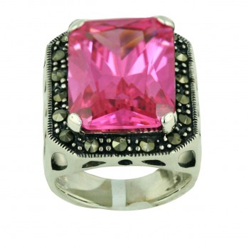 Marcasite Ring 19X14mm Pink Cubic Zirconia Square with Octagon Twisted Rope A