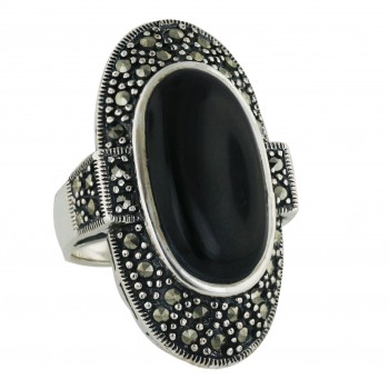 Marcasite Ring 37X18mm Onyx Oval Cabochon with Oxidized Rope