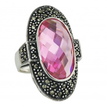 Marcasite Ring 37X18mm Pink Cubic Zirconia Oval Chess Cut Dome with Oxidiz