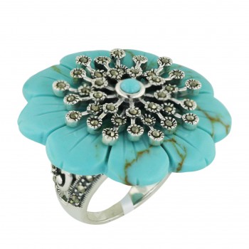 Marcasite Ring 34X29mm Faux Turquoise Flower with Marcasite Flower Motif Ctr +