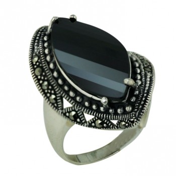 Marcasite Ring 25X12mm Black Cubic Zirconia Slanted Marquis with Oxidized R