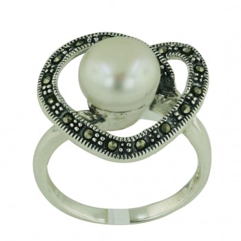 Marcasite Ring 9.5mm White Fresh Water Pearl with Oxidized Rope Open Heart