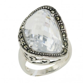 Marcasite Ring 25X20mm Clear Cubic Zirconia Cushion Raised Up Titled Che