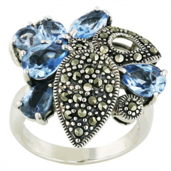 Marcasite Ring Blue Topaz Tear Drop with Pave Marcasite Oxidized Rope
