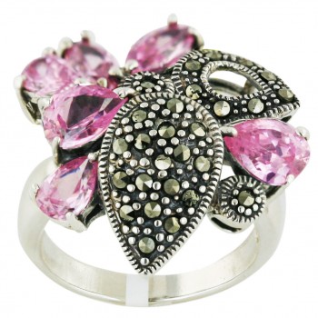 Marcasite Ring Pink Cubic Zirconia Tear Drop with Pave Marcasite Oxidized Rope T-Dro