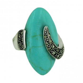 Marcasite Ring Faux Turquoise Oval with Pave Marcasite Line Side