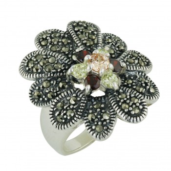 Marcasite Ring Garnet +Champagne+Peridot Cubic Zirconia Flower with Pave Marcasite Petals Flwrs