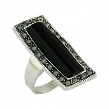 Marcasite Ring 34X15mm Onyx Square with Pave Marcasite Around