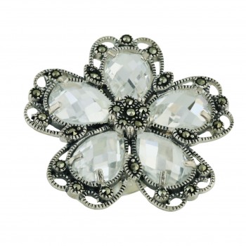 Marcasite Ring 5 Clear Cubic Zirconia Chess Cut Flower Petals